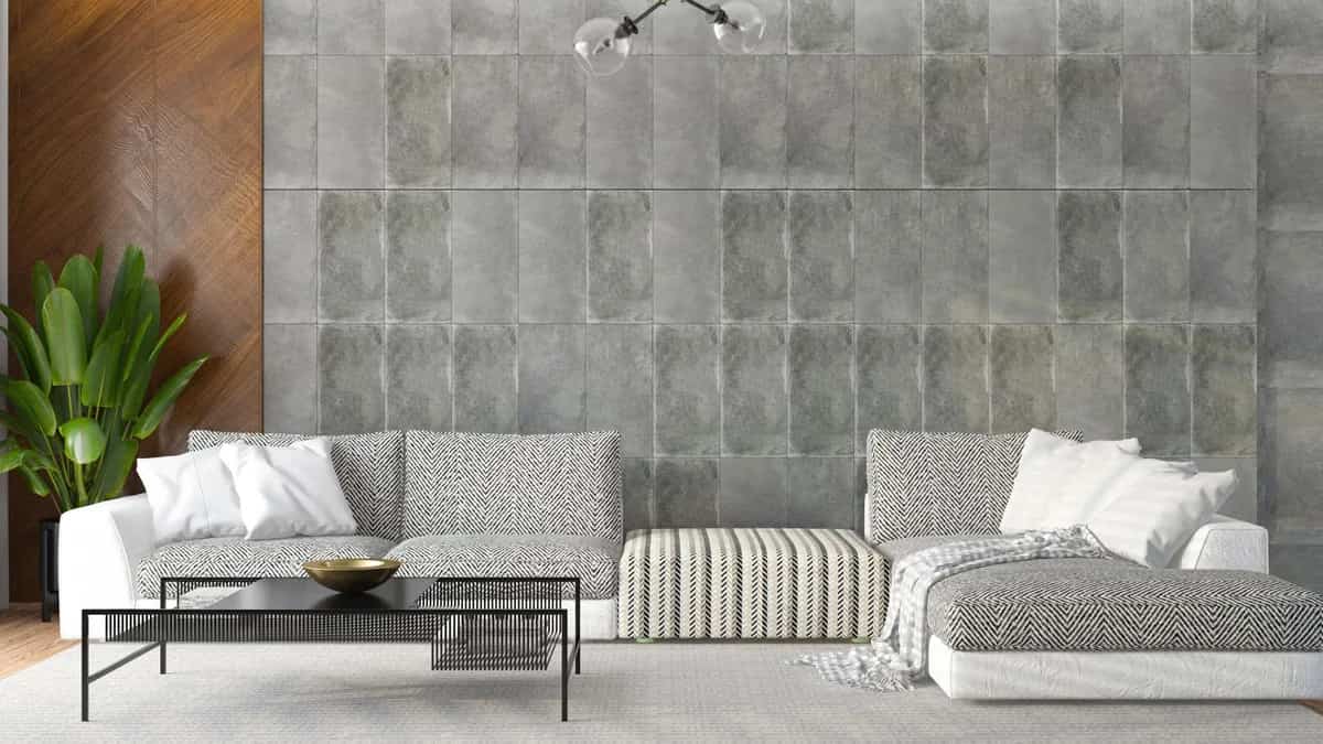 Living room with large-format grey Athangudi-style floor tiles