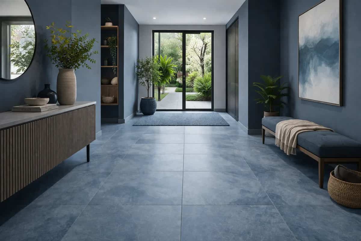 Bedroom with dark slate-grey floor tiles opening onto a garden
