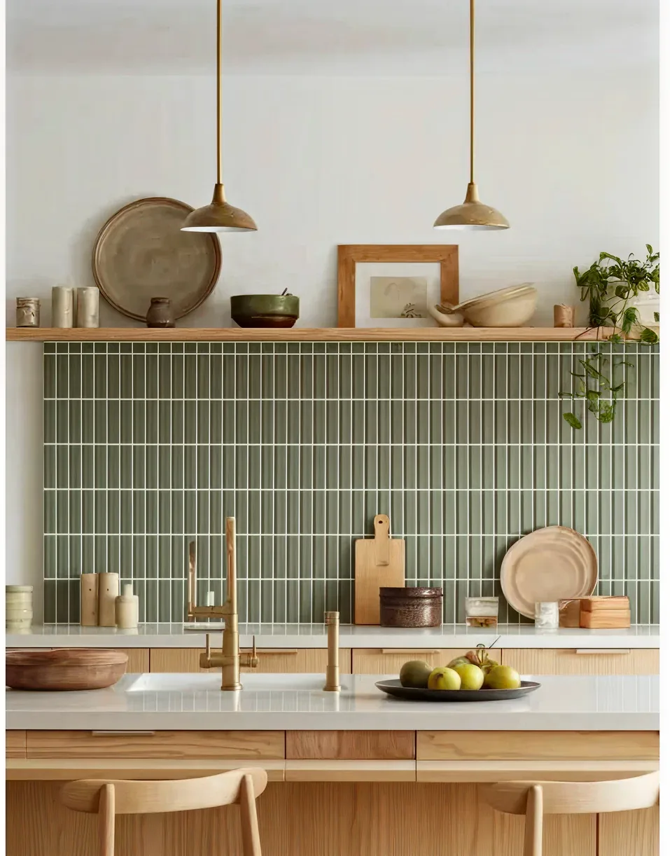 Sage green handmade wall tiles behind a kitchen shelf