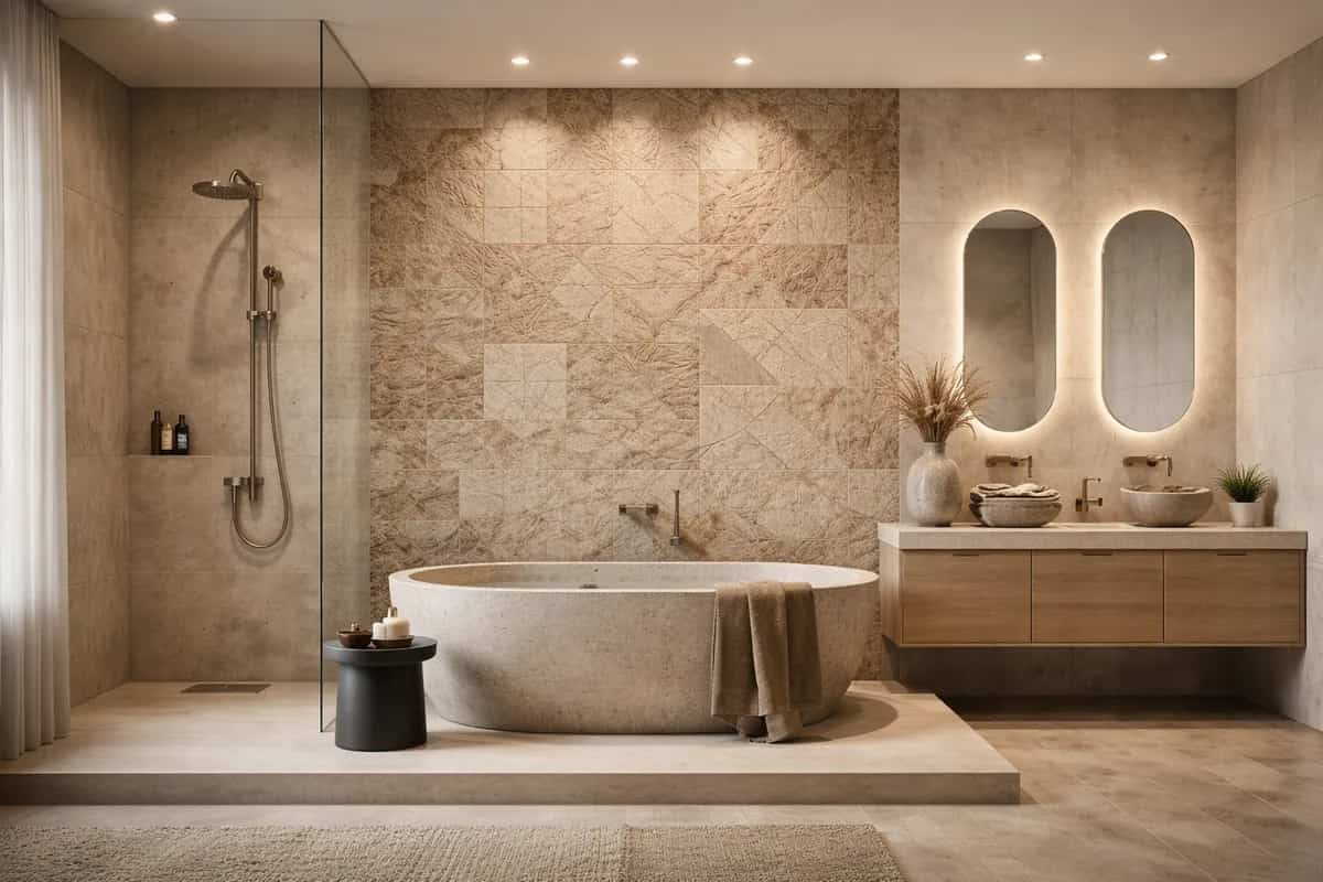 Bathroom clad in imported beige porcelain tiles