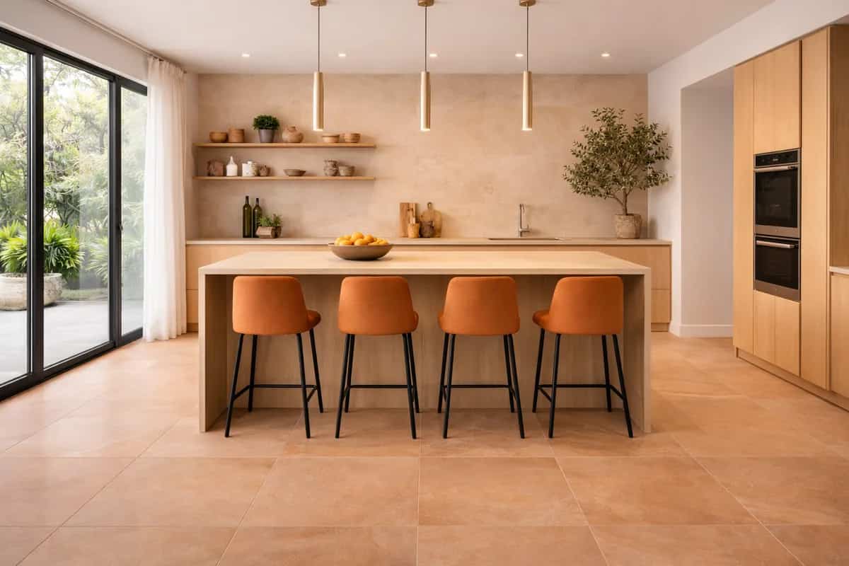 Kitchen island above a terracotta natural stone floor