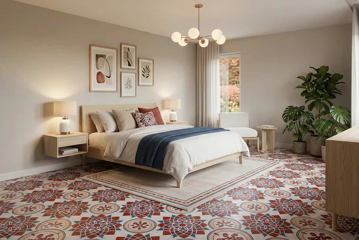Bedroom with a patterned pebble-stone rug inlay