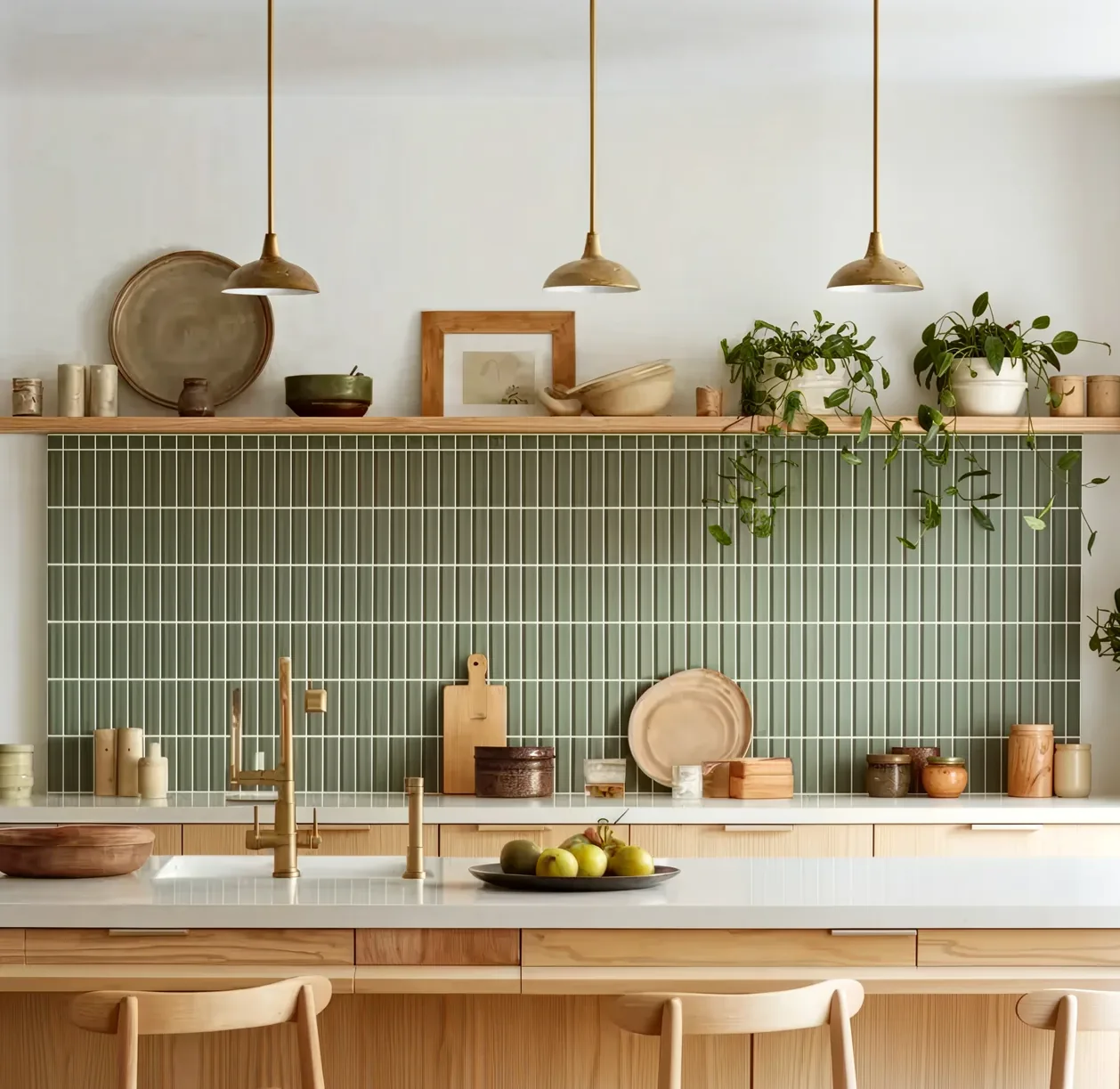 Sage green handmade wall tiles running behind an open kitchen shelf