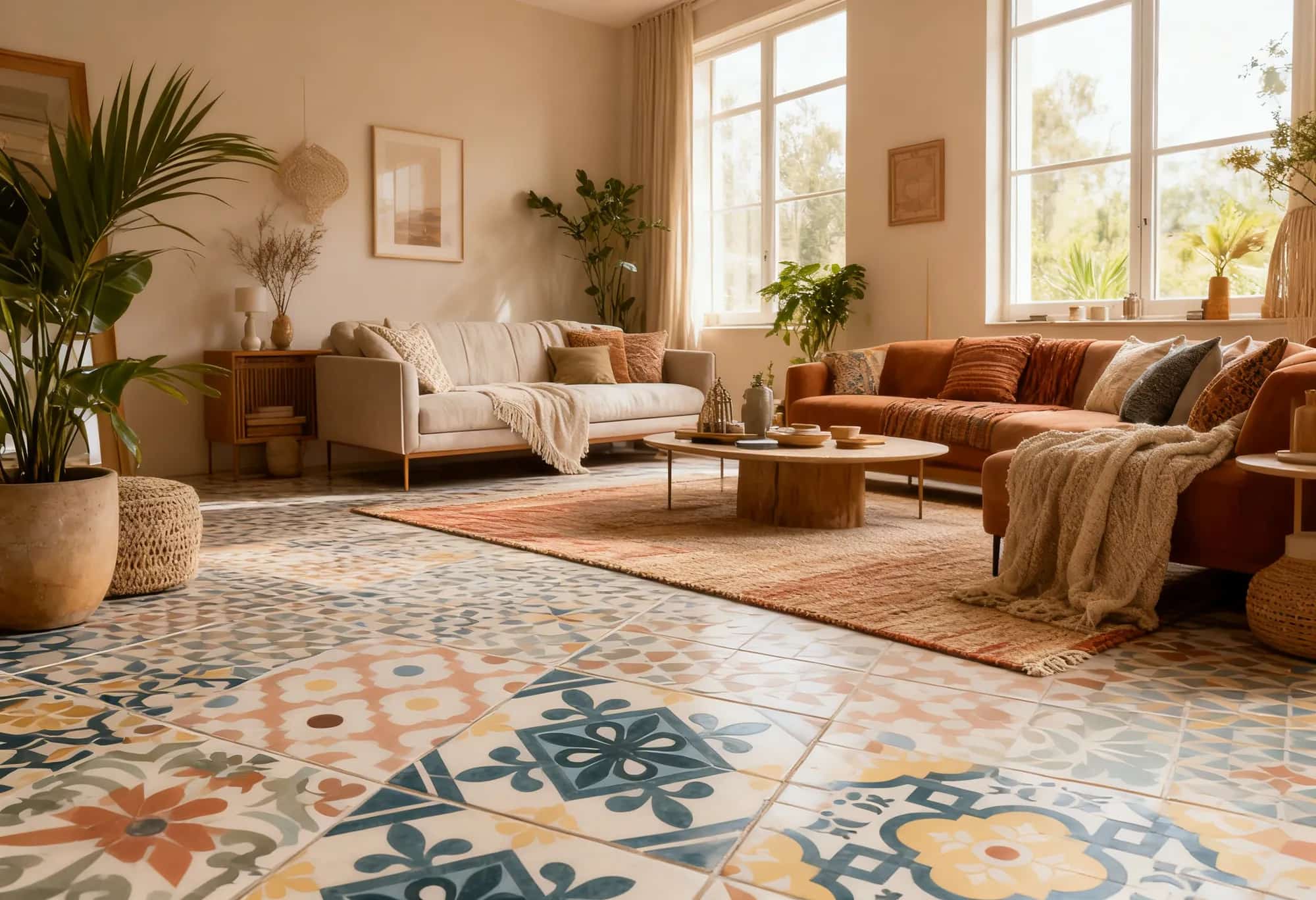 Living room finished with patterned decorative floor tiles