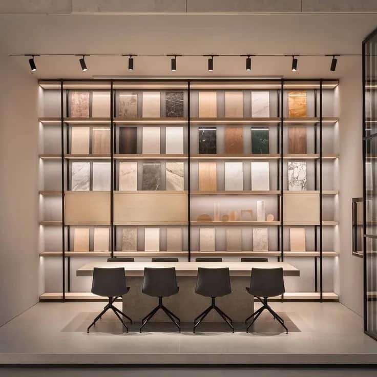 Studio wall of stone and tile samples above a consultation table