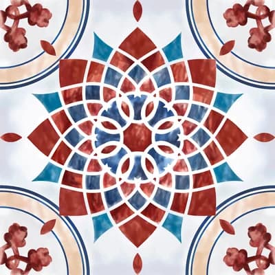 Circular medallion tile pattern in red, blue and cream